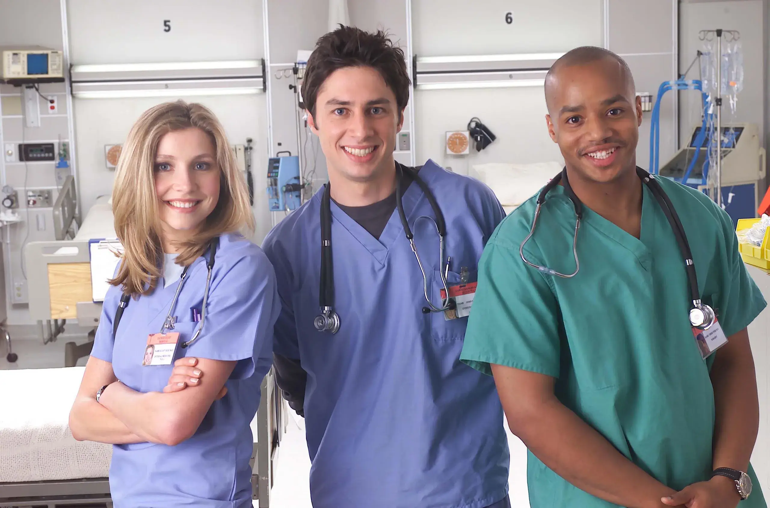 (links) Sarah Chalke, (midden) Zach Braff, (rechts) Donald Faison